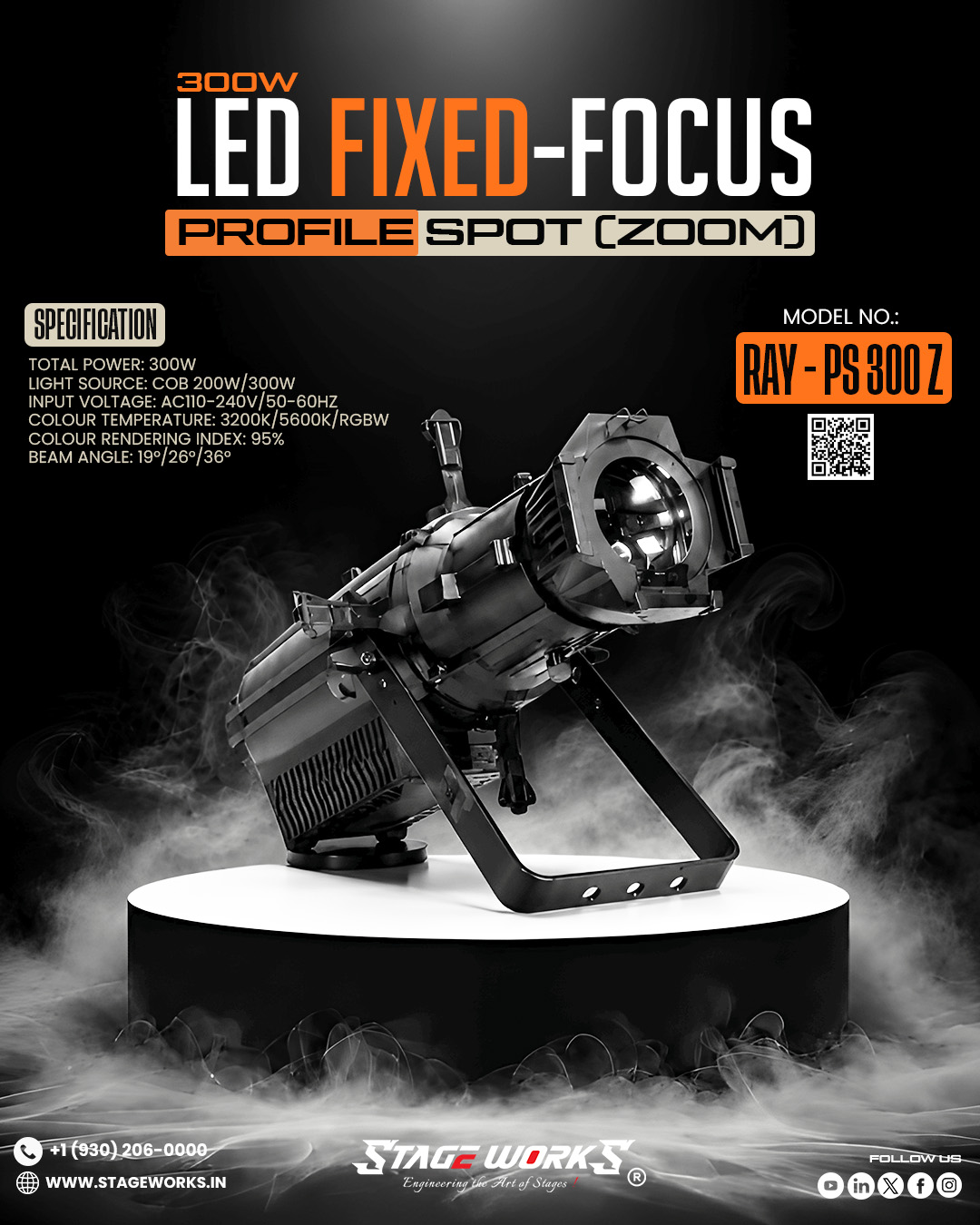 AI RAY - PS 300/Z Manual Zoom 300W COB Profile Spotlight
