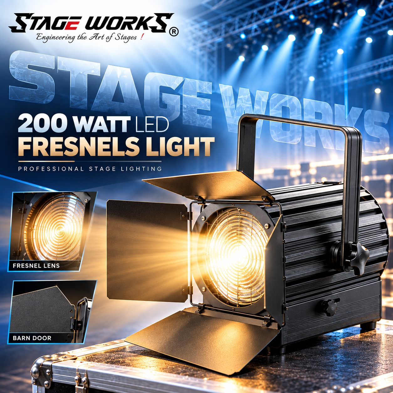 Stage Works 200W LED Theatrical Fresnel Spotlight with Barn Doors