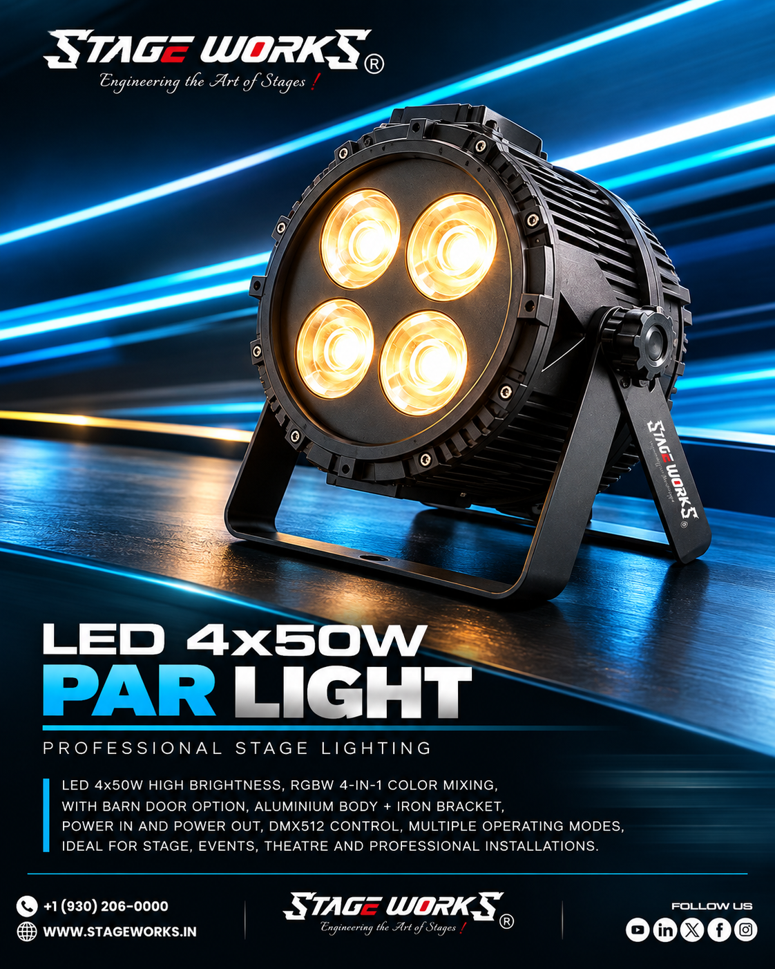 Stage Works 4x50W RGBW COB LED PAR Light with Barn Doors